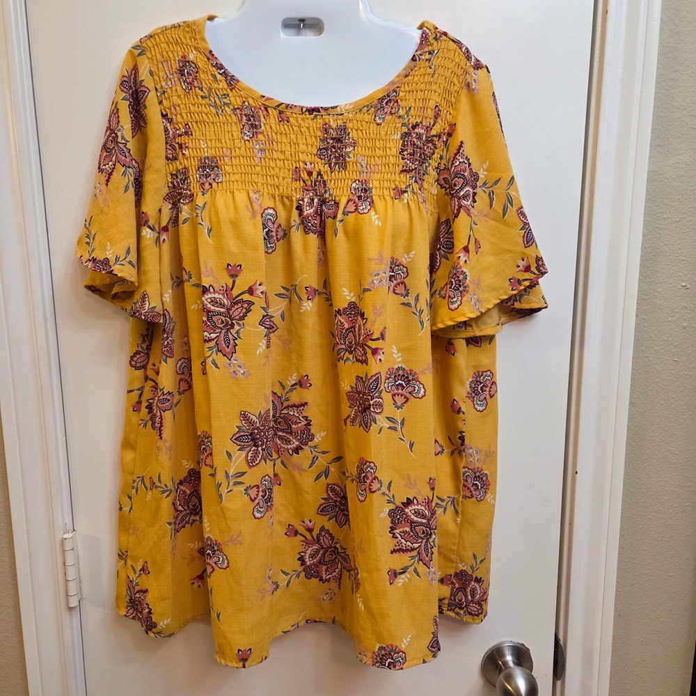 Oddi Mustard Yellow Floral Paisley Smocked Yoke Flutter Sleeve Blouse Large